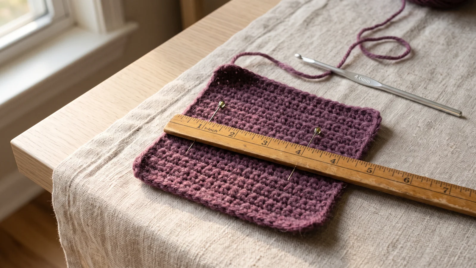 Plum crochet Back and Front pieces pinned out on a foam mat with a measuring tape and a folded damp cloth.