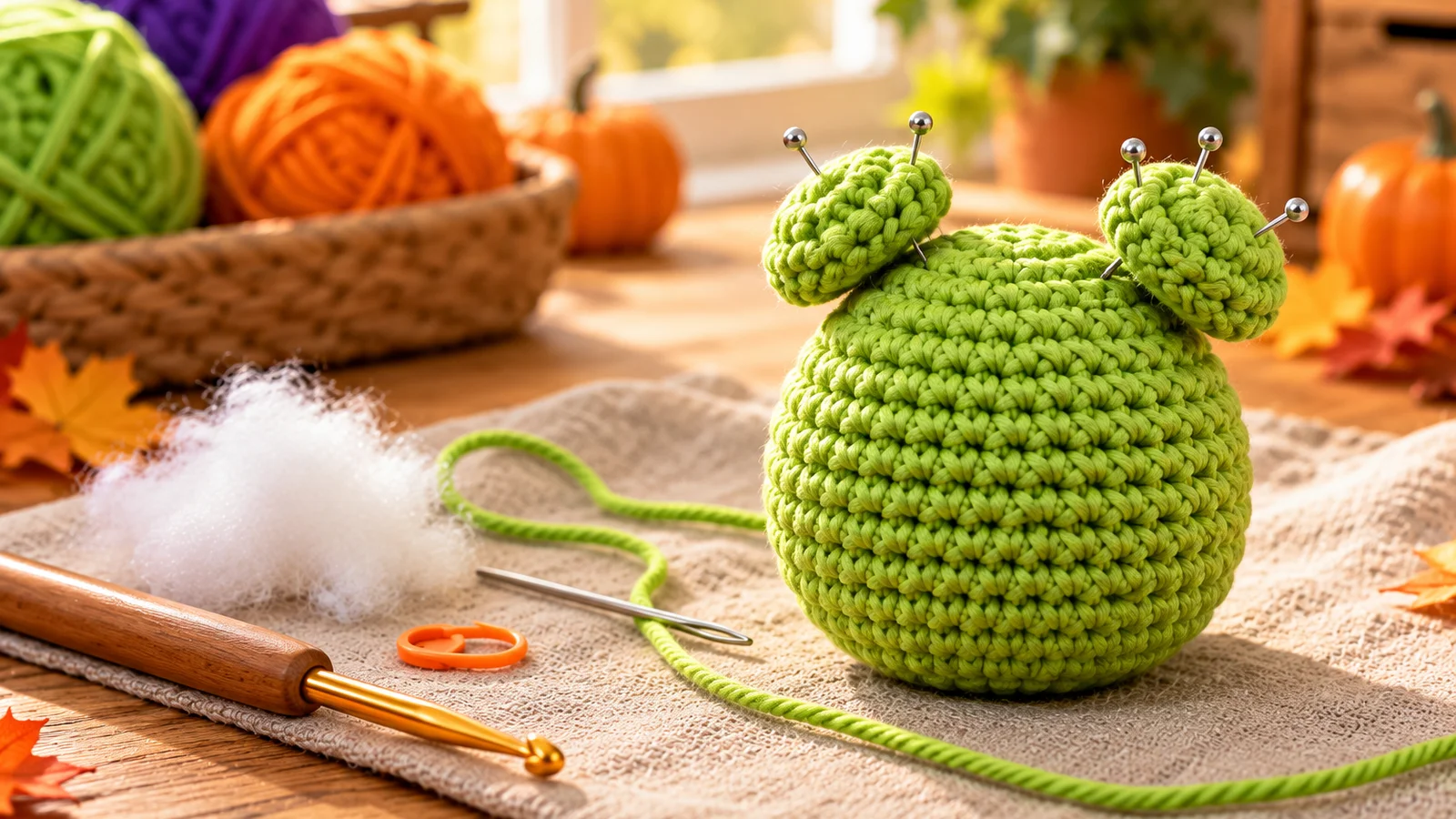 Two small mint-green flattened dome-shaped parts pinned symmetrically to the top of a rounded piece, with a threaded yarn needle lying beside it.