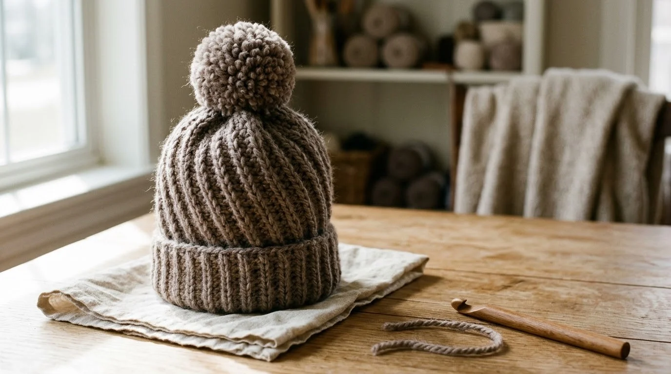 A close view of a clay-coloured crochet hat crown with the pompom sewn on and ribs radiating outward.
