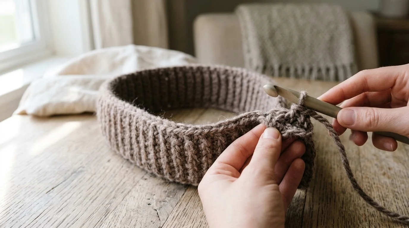 A round clay-coloured pompom trimmed smooth with its long tie end hanging free, ready to be sewn on.