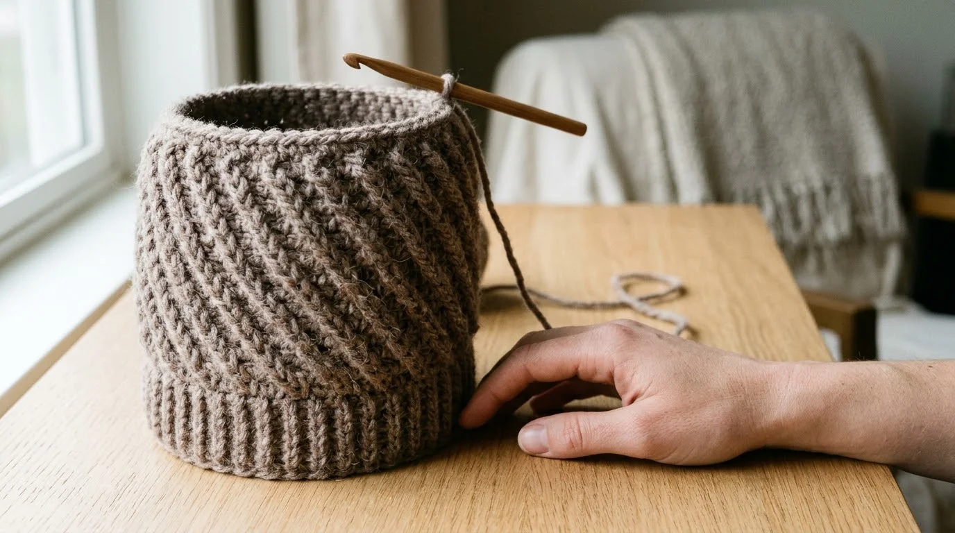 Clay-coloured yarn wound many times around four fingers held together to start a pompom.