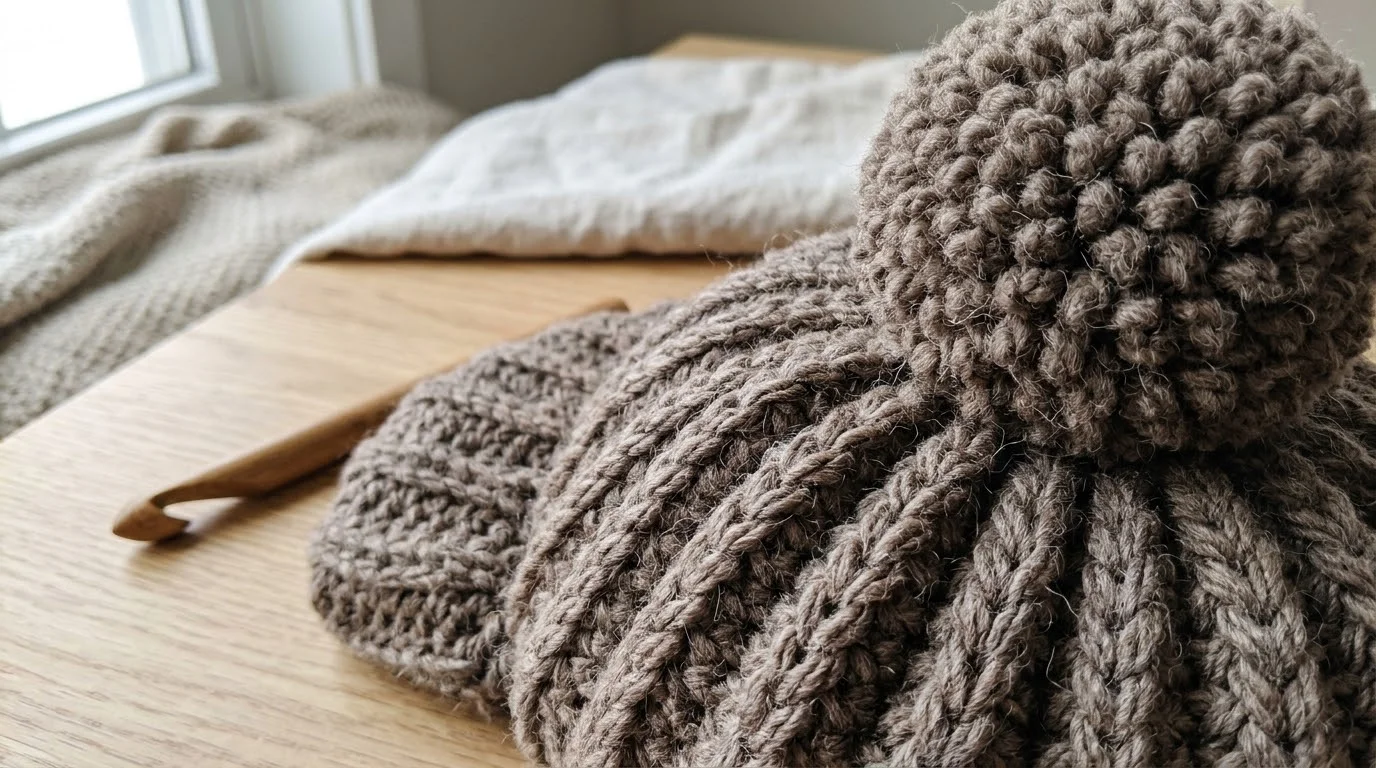 The ribbed body of a clay-coloured hat after a finished round 6, with raised front post groups slanting diagonally above the slip-stitch band.