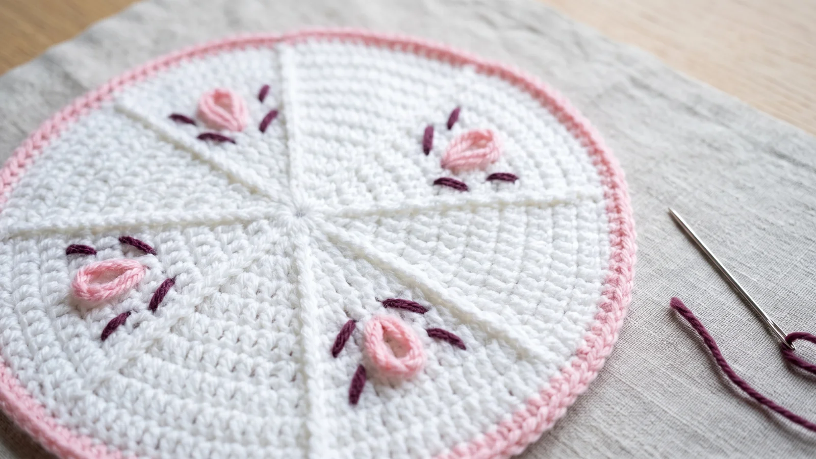 Close-up of a twisted white reverse single crochet edge on a lavender blue crochet blanket round.