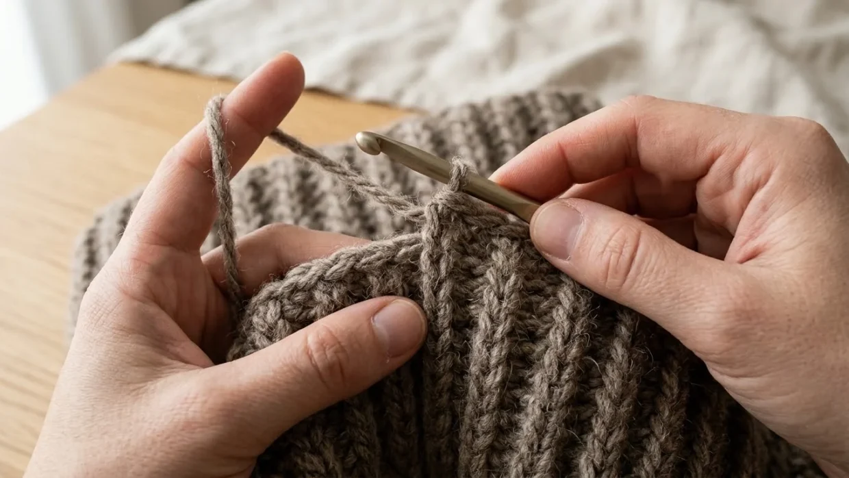 A clay-coloured crochet hat with a vertically ribbed band, a post-stitch body with slanting ribs and a round pompom on top.