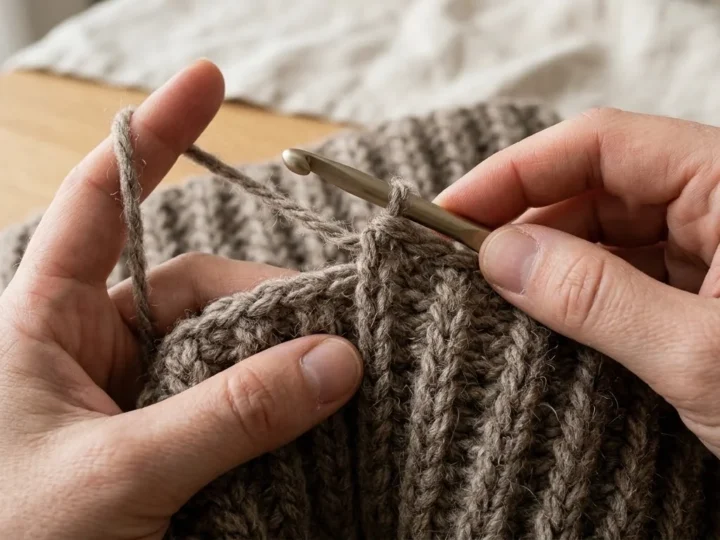 A clay-coloured crochet hat with a vertically ribbed band, a post-stitch body with slanting ribs and a round pompom on top.