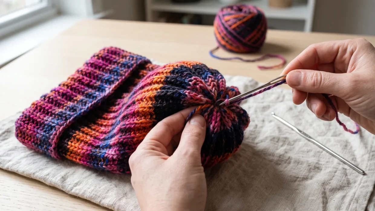 A crochet hat with vertical ribs in variegated magenta, orange, navy and blue yarn, with a turned-back cuff, resting on a wooden table.