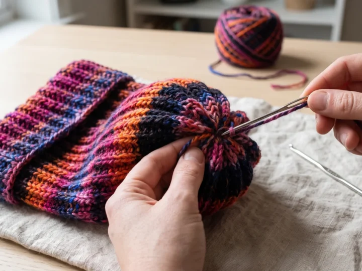 A crochet hat with vertical ribs in variegated magenta, orange, navy and blue yarn, with a turned-back cuff, resting on a wooden table.