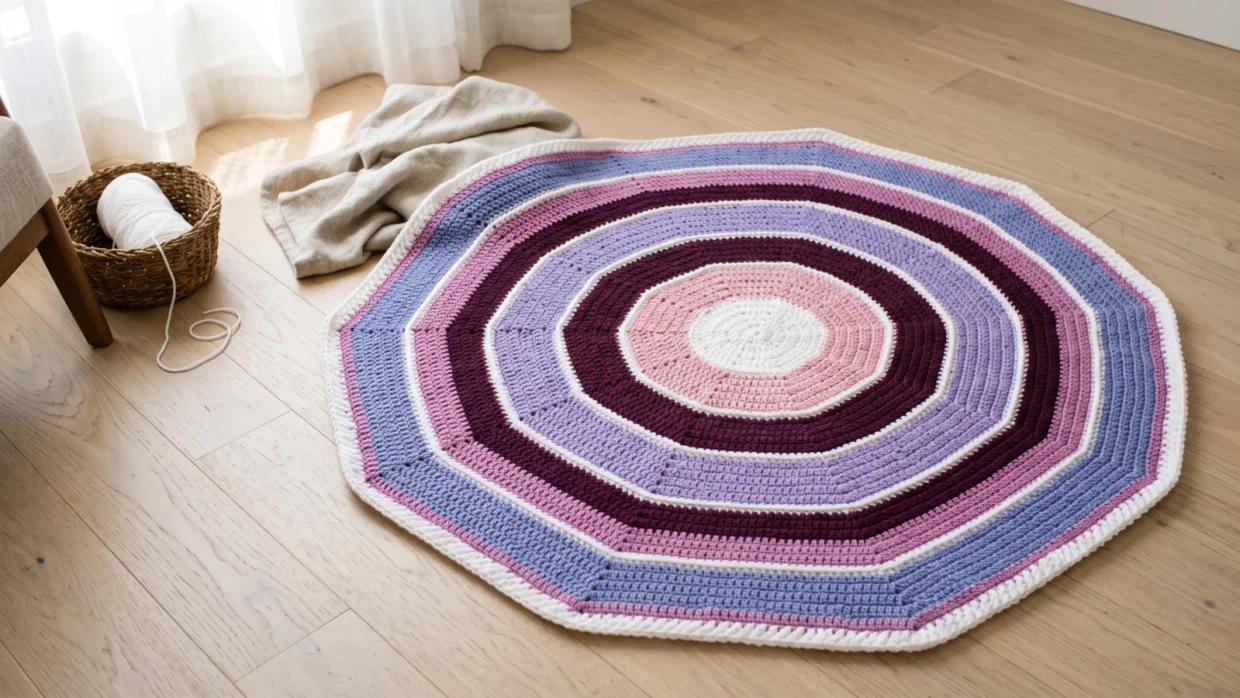 A finished round crochet baby blanket with a white center and concentric bands of pink, plum, orchid and lavender blue, laid flat on a wooden floor.