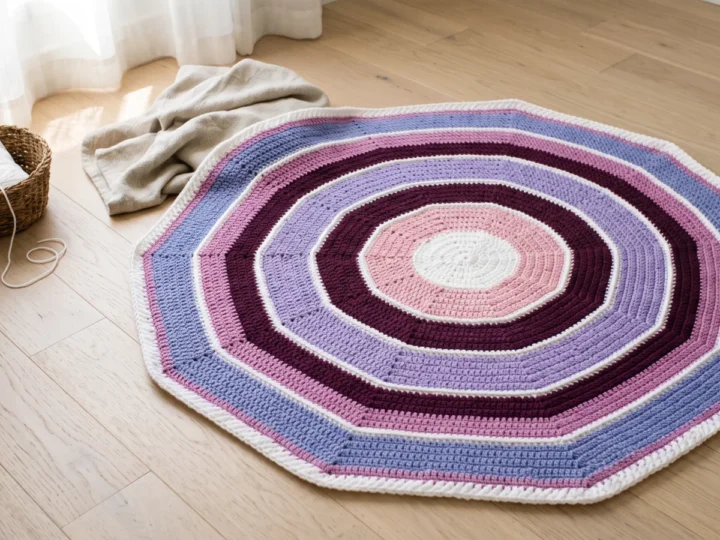 A finished round crochet baby blanket with a white center and concentric bands of pink, plum, orchid and lavender blue, laid flat on a wooden floor.
