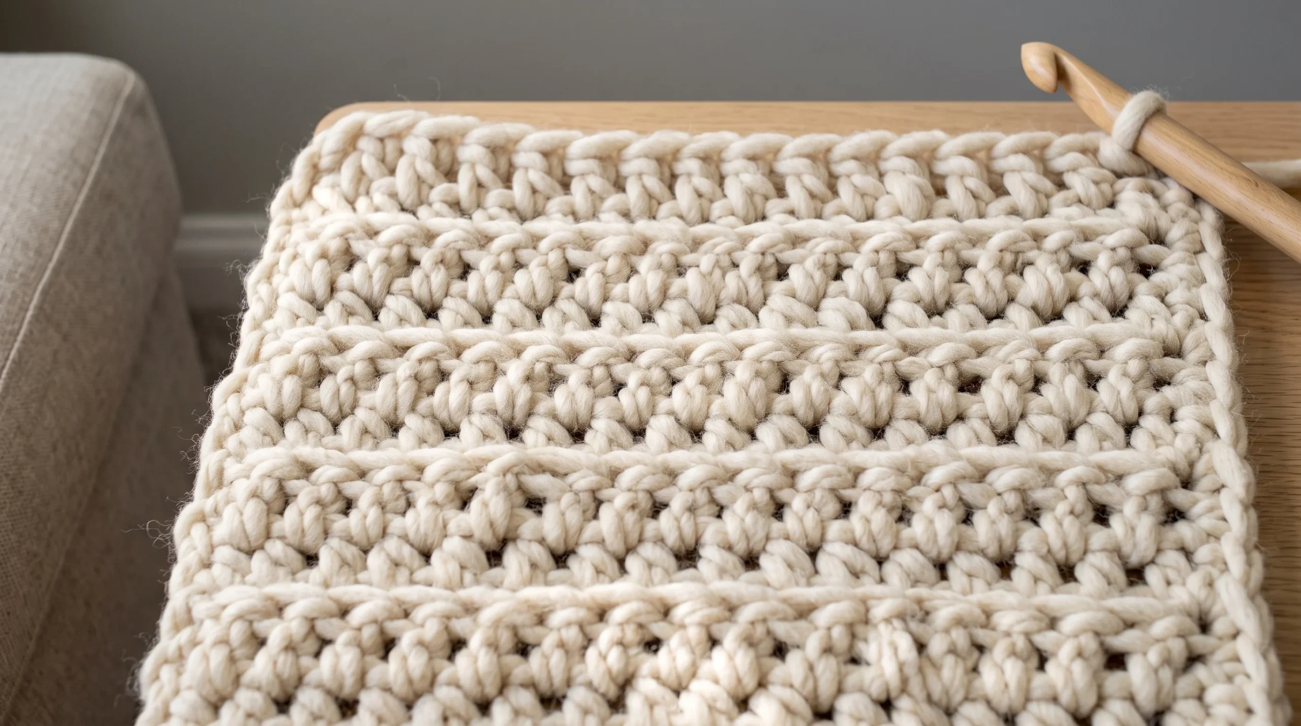 The start of a pattern row after turning, with a ch 2 made and the hook entering the first chain-1 space beside the skipped sc.