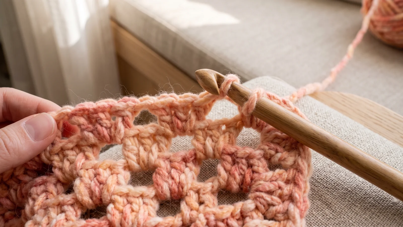 Straight side edge of a peach and pink crocheted mesh blanket in progress with a crochet hook resting on the fabric