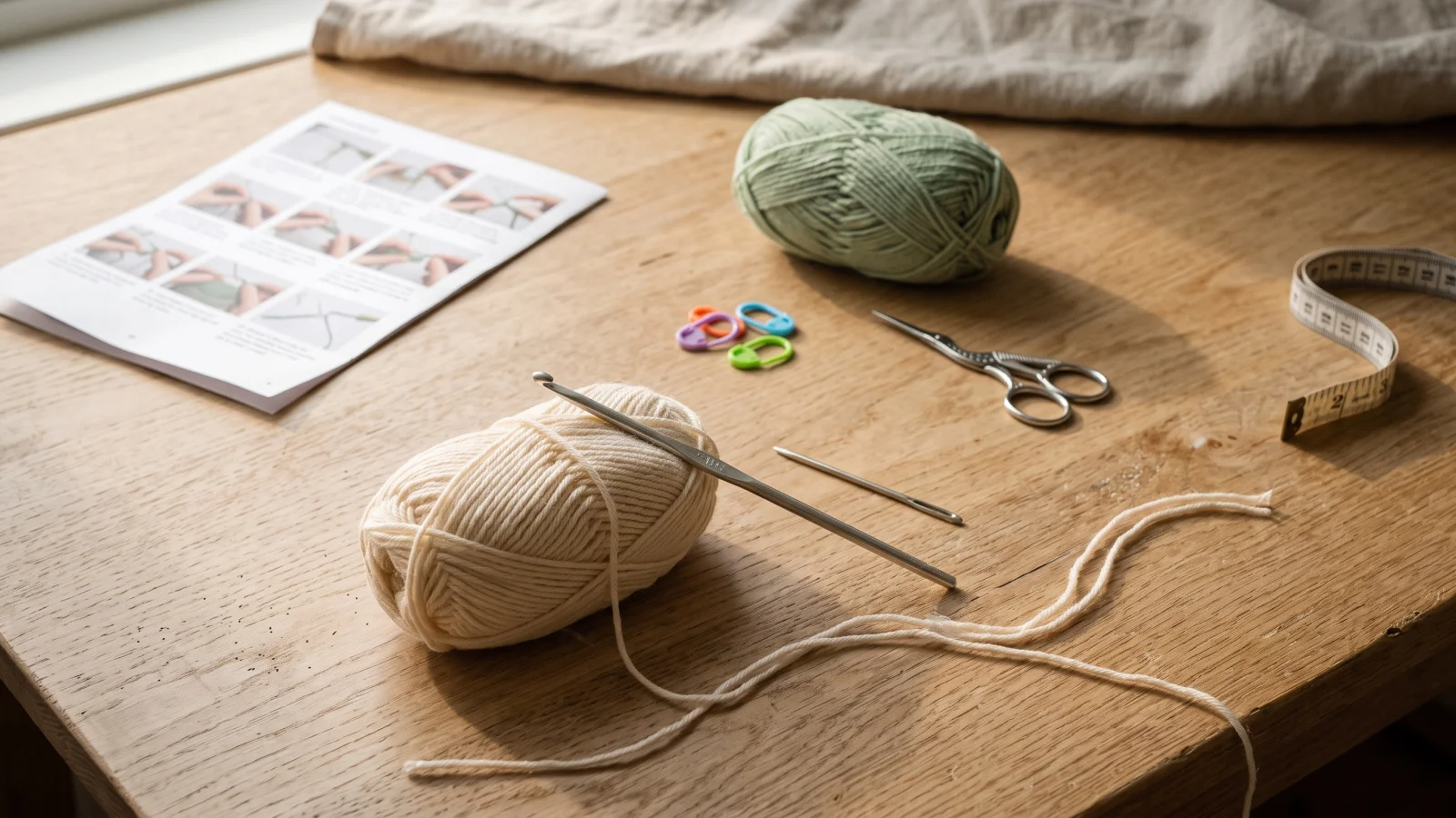 A short practice swatch of single crochet in cream yarn with a stitch marker clipped in the first stitch of the top row and a hook resting beside it.