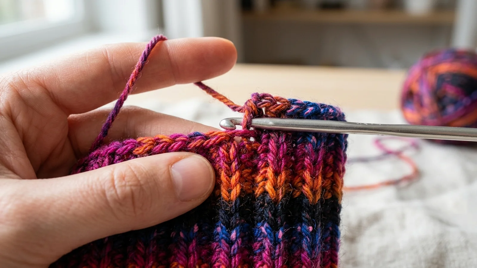 A ribbed crochet hat with its top being gathered closed by pulling a yarn tail threaded on a needle through the top edge.
