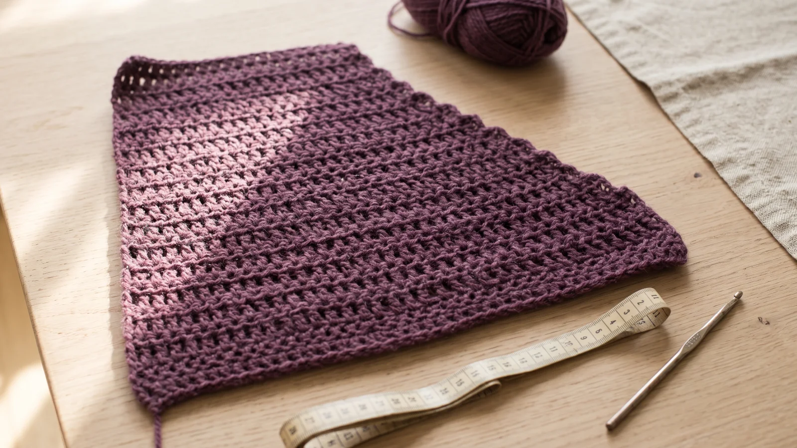 A plum V-stitch Front piece laid flat, wider along the bottom edge and narrowing in steps along one slanted side.