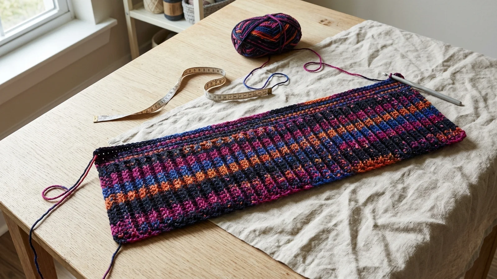 A flat rectangle of ribbed crochet with a narrow band of slip stitches along one edge, laid on a wooden table.