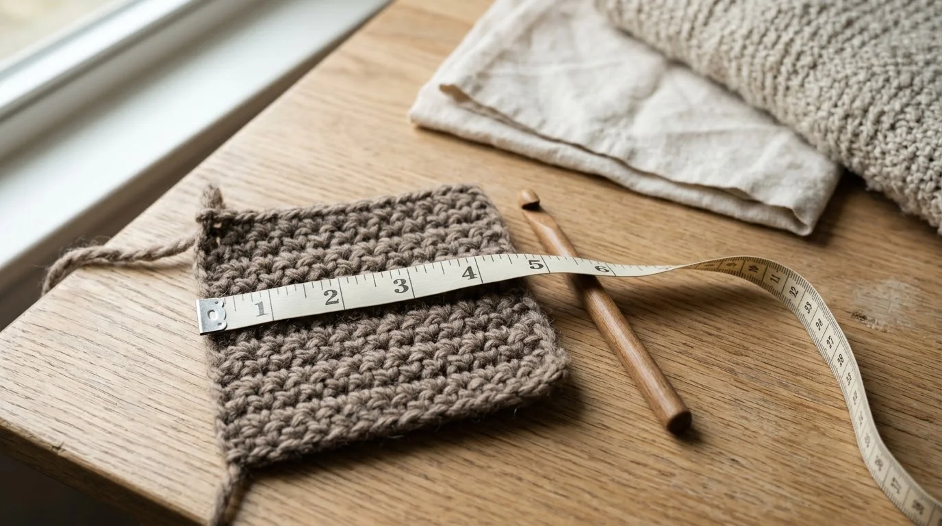 A flat clay-coloured single crochet swatch with a tape measure laid across it showing 4 inches.