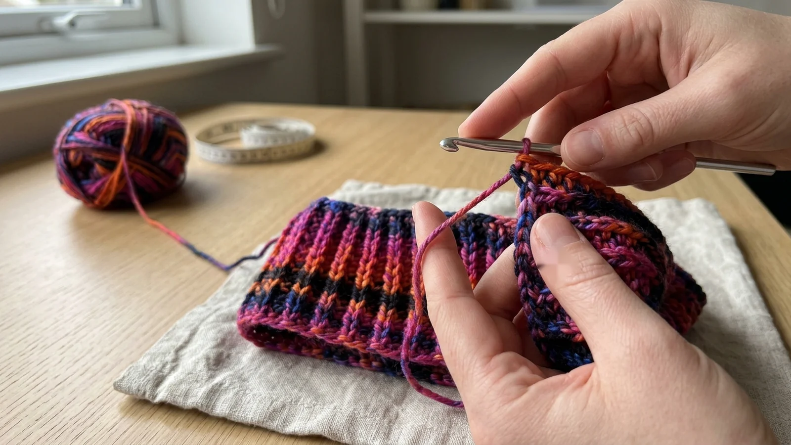 A crochet hook working slip stitches into the back loops of five stitches at the edge of a ribbed crochet piece.