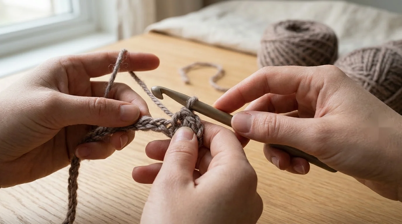 A hook inserted under the back loop only of a chain in clay-coloured yarn while working the first row of slip stitches.