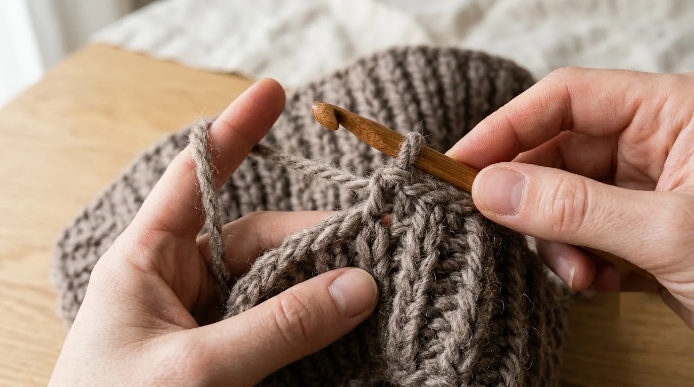 The two short ends of a clay-coloured ribbed band held together while slip stitches join the last row to the foundation chain.