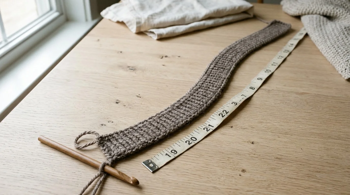 A long narrow ribbed band of clay-coloured slip stitches laid flat next to a tape measure reading 21 inches.