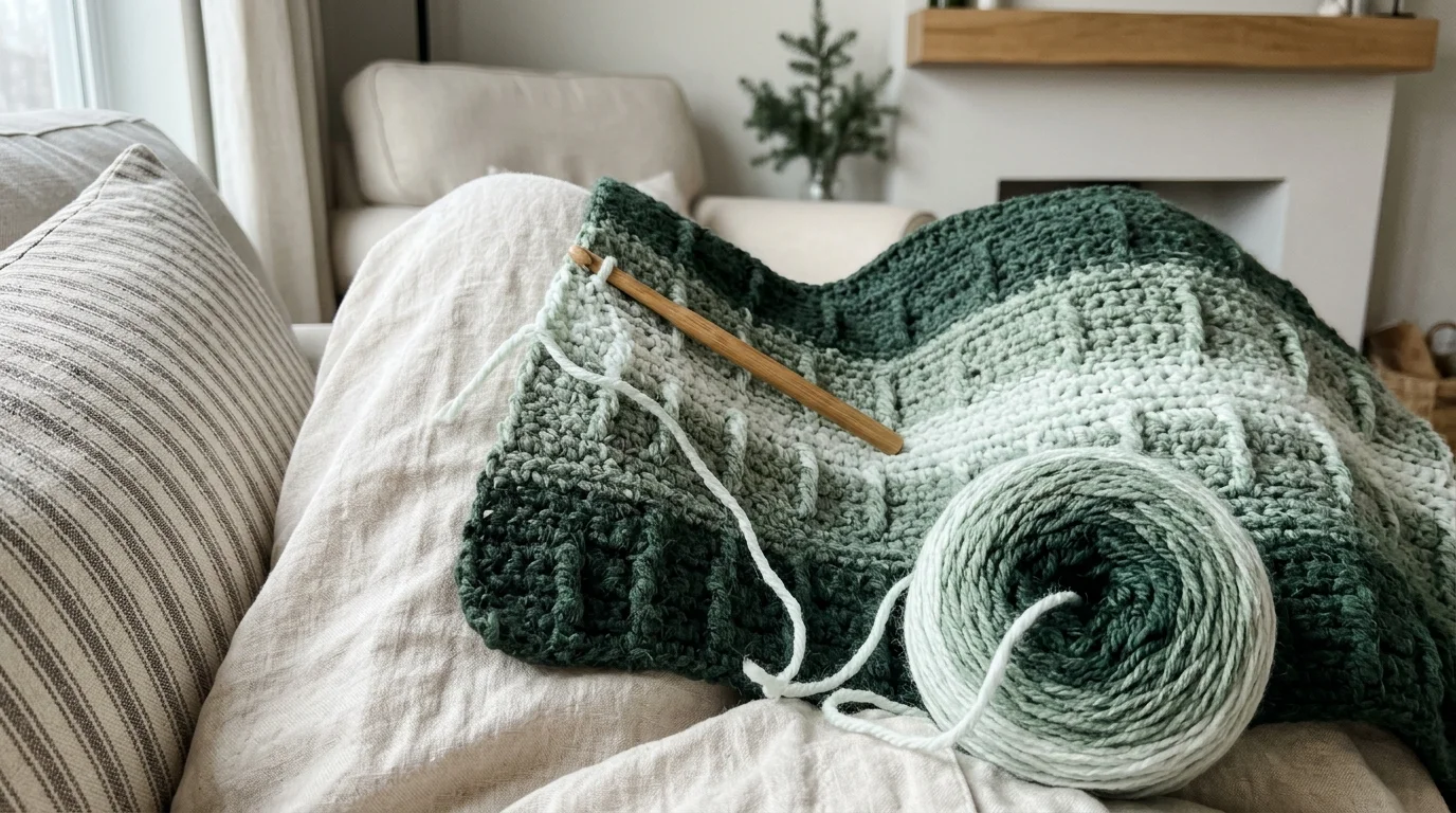 Close-up of crochet fabric in mid green showing flat sc rows between rows of raised post stitches that sit in alternating positions.