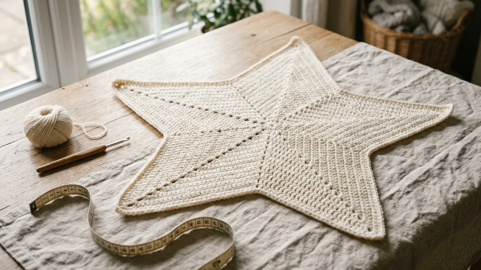 Cream five-pointed crochet star panel with a single crochet edge lying flat on a pale wooden table.