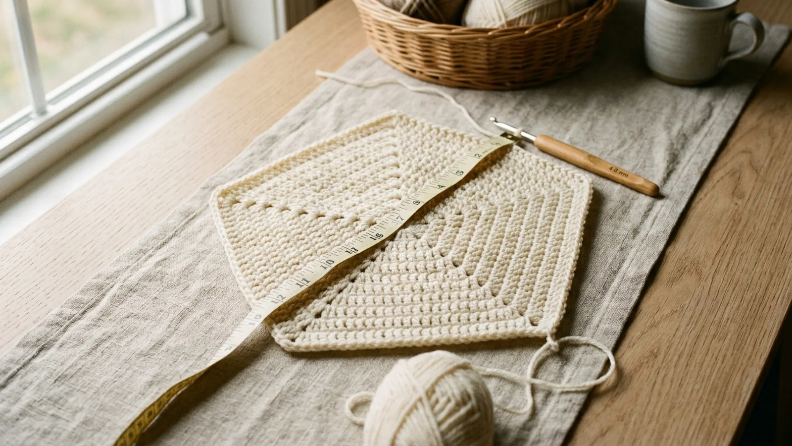 Cream double crochet pentagon center with five corners lying flat on a wooden table with a measuring tape curved across it.
