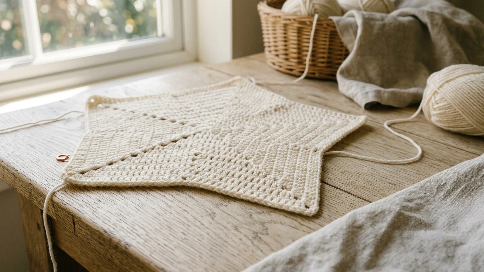 Cream crochet pentagon with one side shaped into a triangular point by stepped decreases, the other four sides still straight, with a crochet hook beside it.