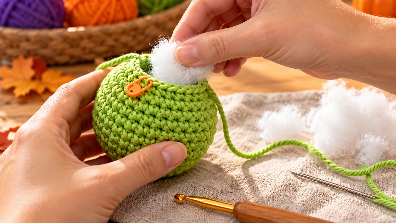 A nearly closed mint-green rounded piece with a small opening at the top while fingers push a small tuft of white fiberfill inside.