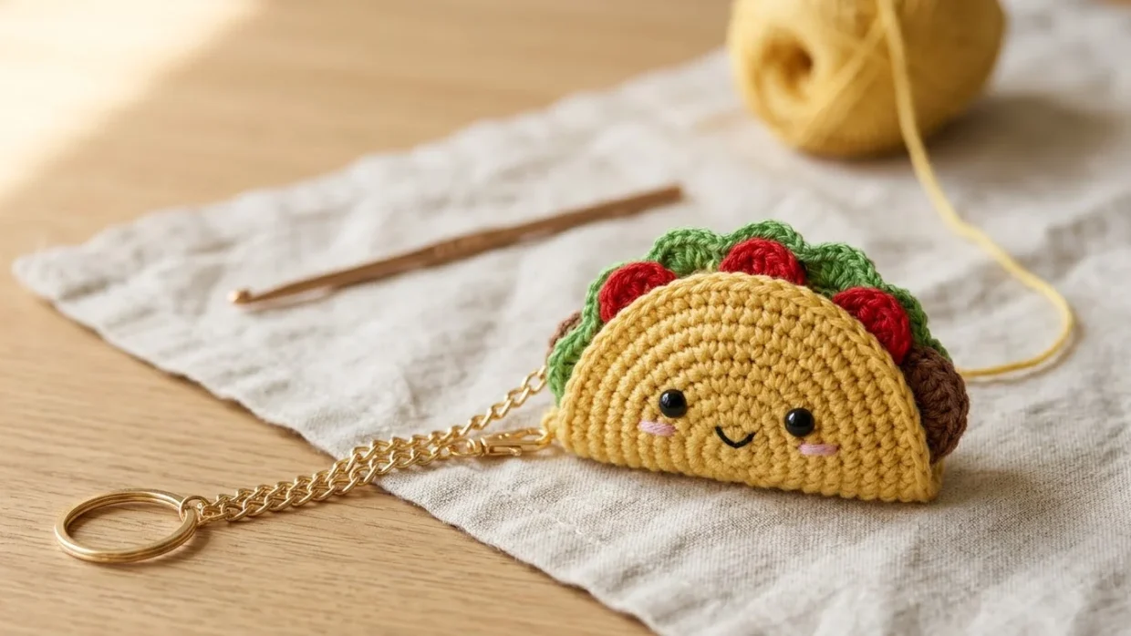 A yellow shell folded into a half-moon with safety eyes in place and a hook working single crochet through both layers along the curved edge.