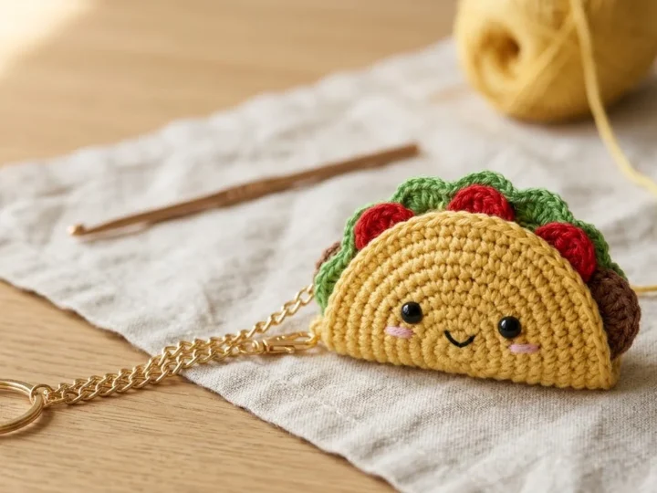 A yellow shell folded into a half-moon with safety eyes in place and a hook working single crochet through both layers along the curved edge.