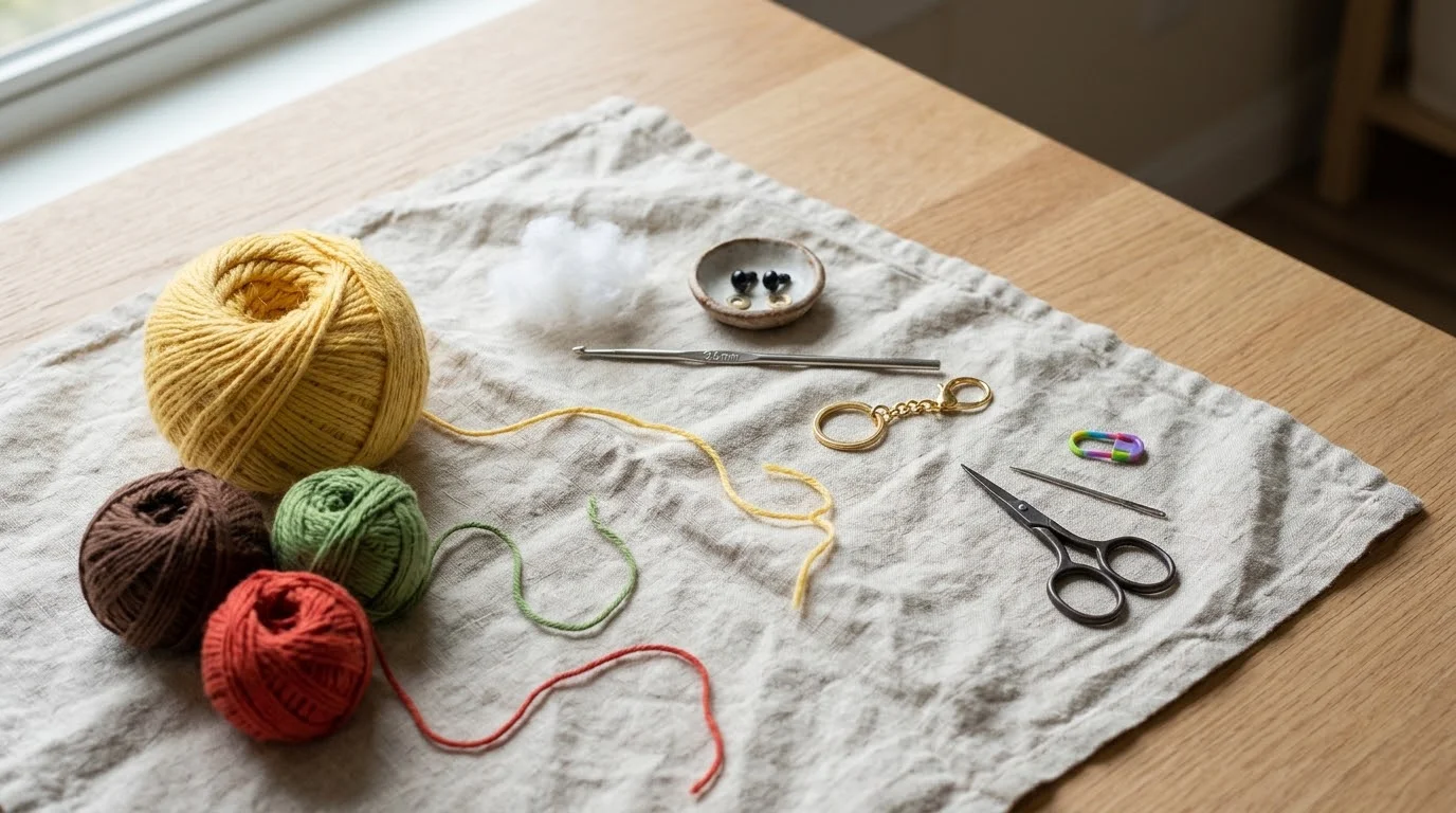 Close-up of a gold-tone chain link attached to the corner of the crochet taco with yellow yarn wrapped through the edge stitches.