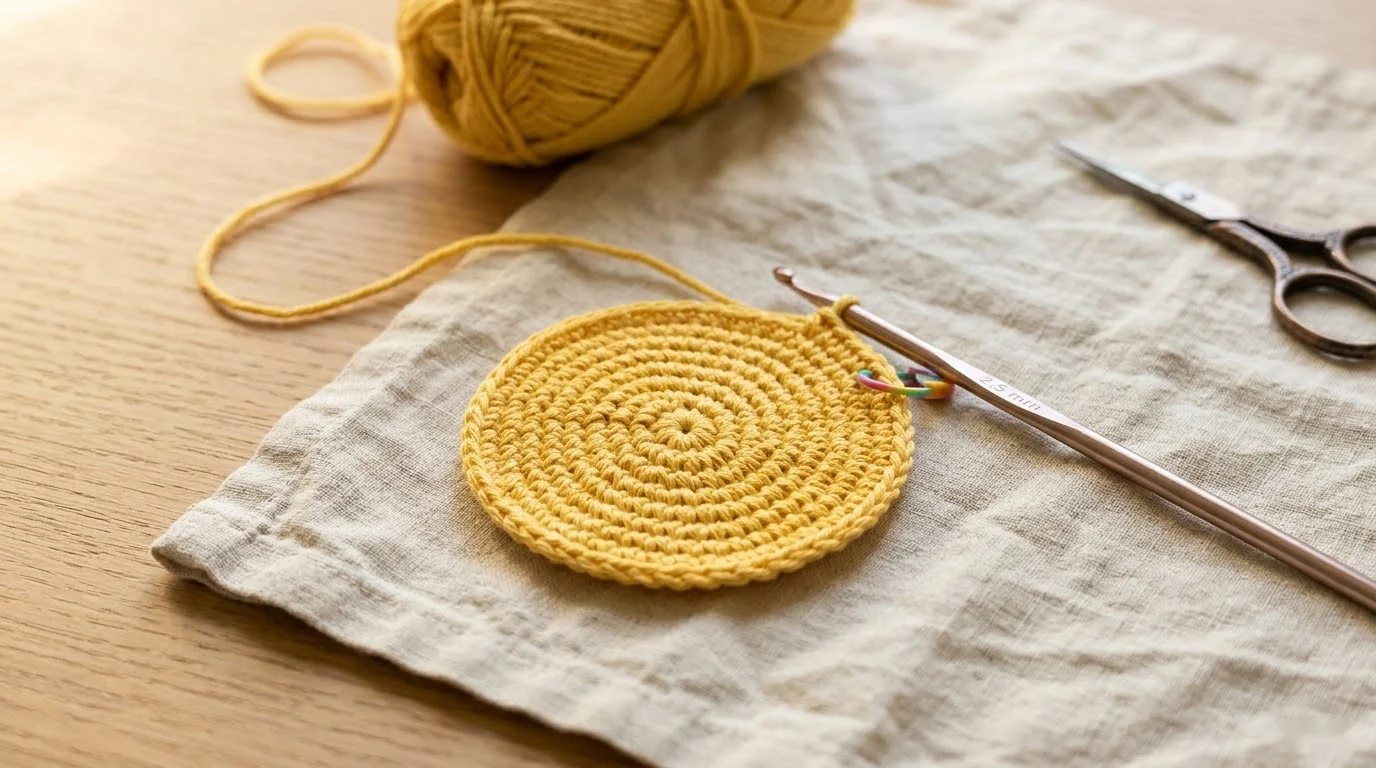 Close-up of a green crochet chain with the first ruffle worked into one chain and the hook in the following slip stitch.
