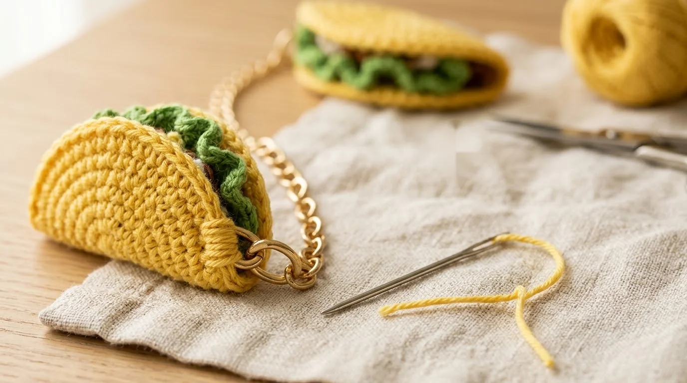 A finished green crochet strip with eight evenly spaced ruffles along one side and a hook lying beside it.