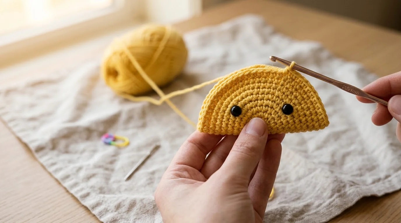 A flat brown crochet disc beside three tiny red crochet pieces, each with a yarn tail, next to a 2.5 mm hook for scale.