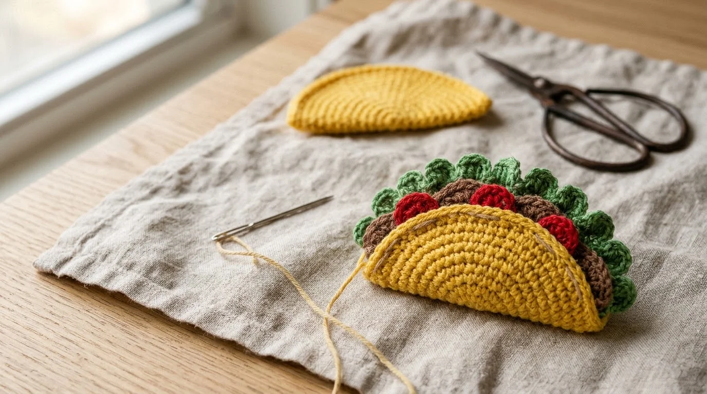 A flat yellow crochet circle after round 7 with the hook still in the last stitch and a stitch marker beside the hook.
