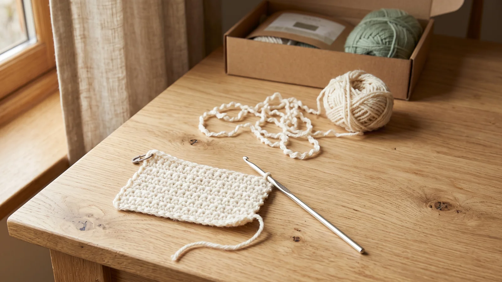 Two small single crochet swatches side by side: one in smooth light cream yarn with clear stitches and one in dark fuzzy yarn where the stitches are hard to see.